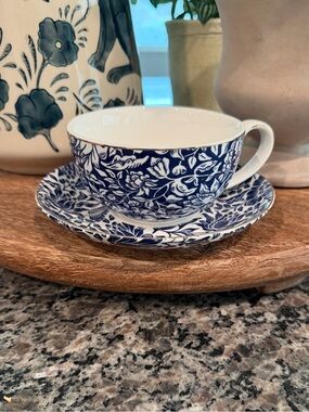 Blue and White Floral Porcelain Teacup and Saucer Set